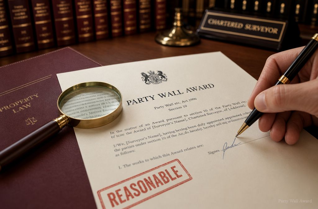 () close-up editorial image of a surveyor's desk with a Party Wall Award document prominently displayed, a magnifying glass