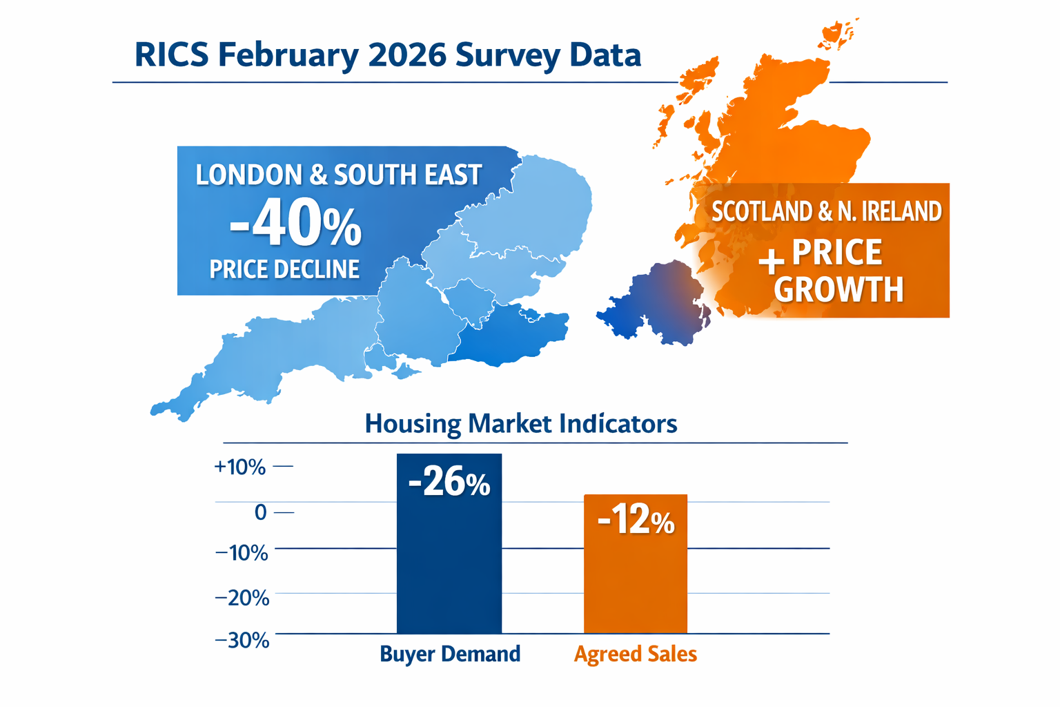 Data visualisation infographic () showing a split UK map with regional heat zones: London and South East in cool blue
