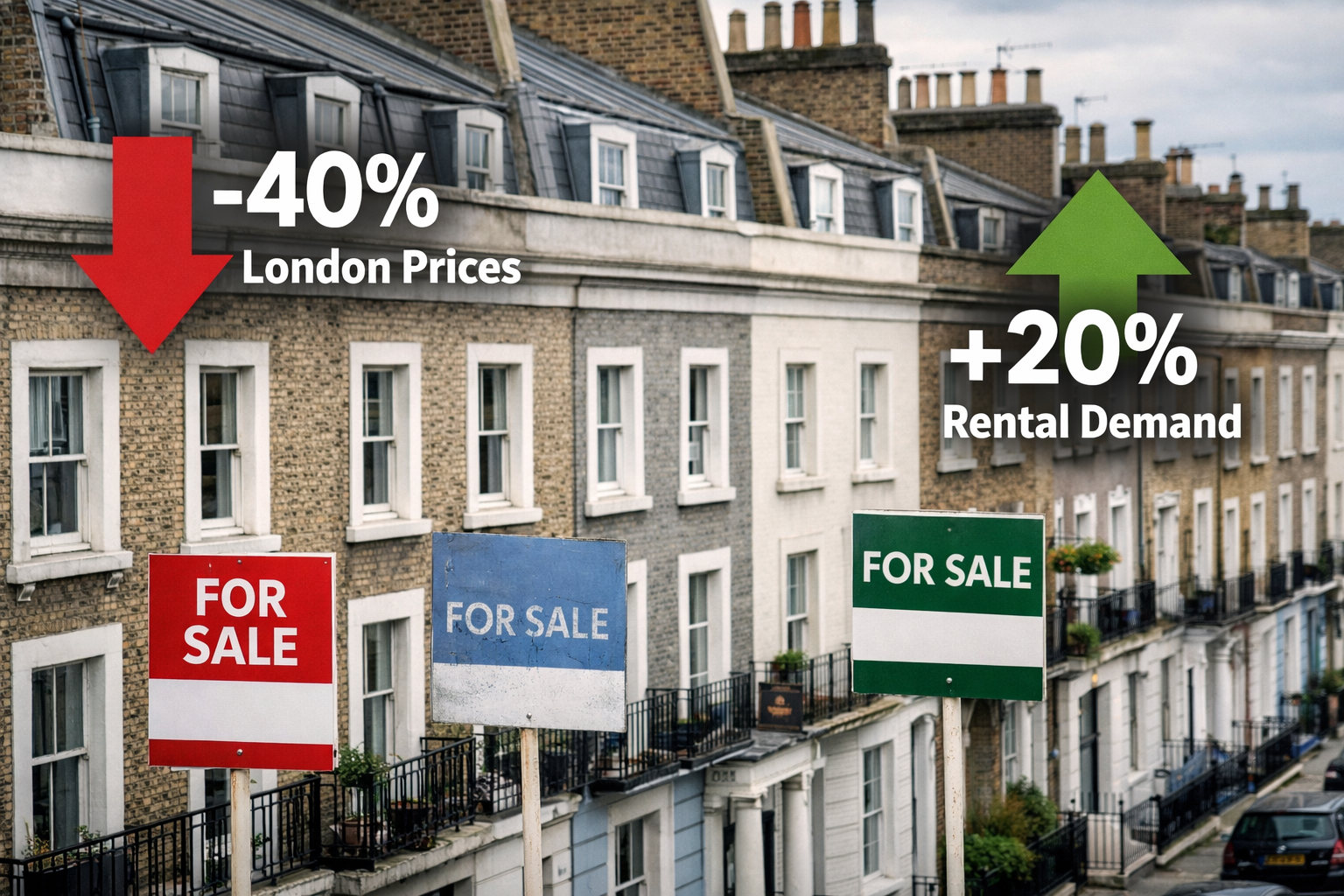 Close-up aerial drone perspective () of a row of Georgian terraced houses in a London street with For Sale boards at varying