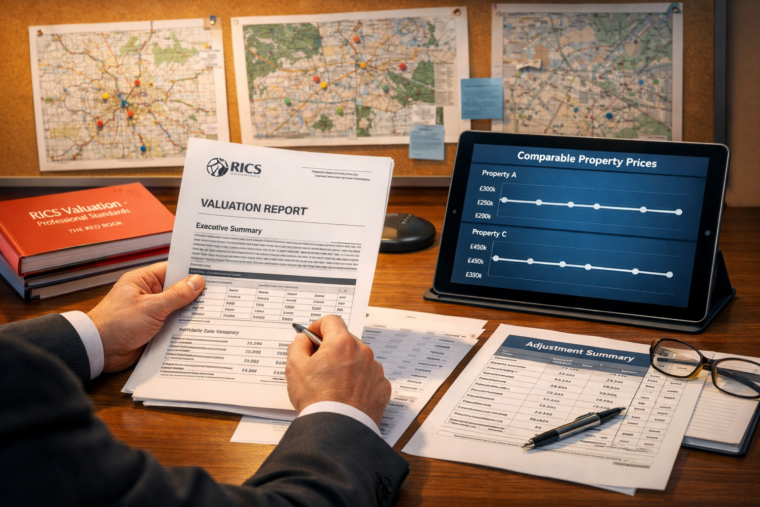 Professional surveyor workspace () showing a chartered surveyor at a large desk reviewing printed RICS valuation reports and