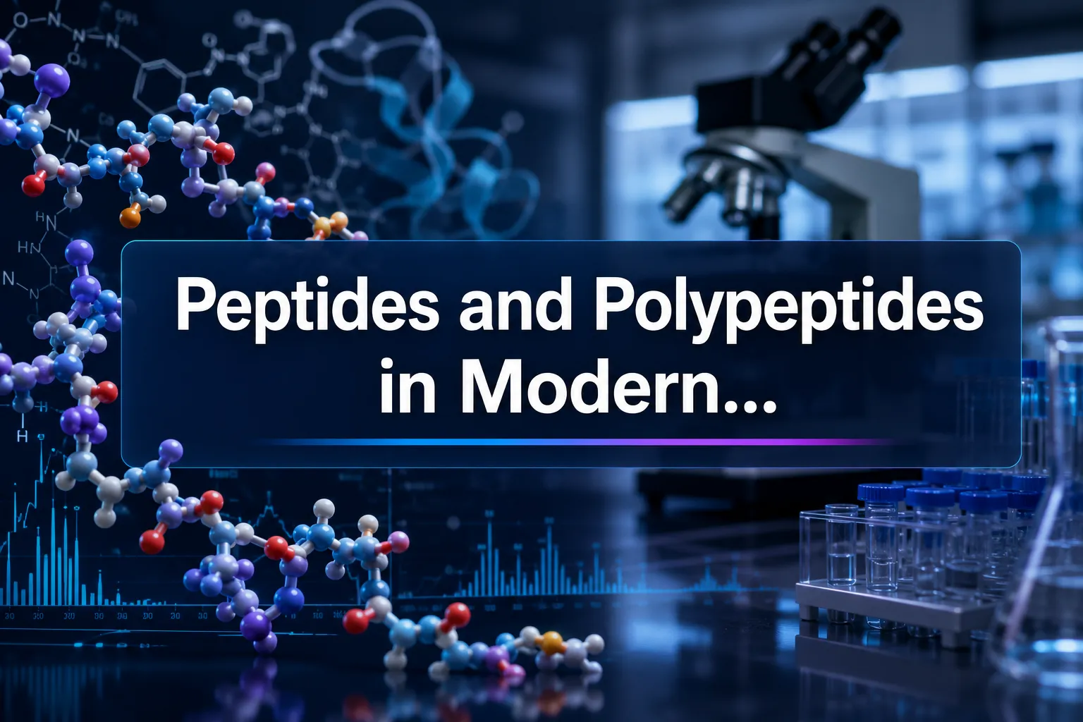 Professional landscape hero image () with a reading "Peptides and Polypeptides in Modern…". CRITICAL TYPOGRAPHY RULES: