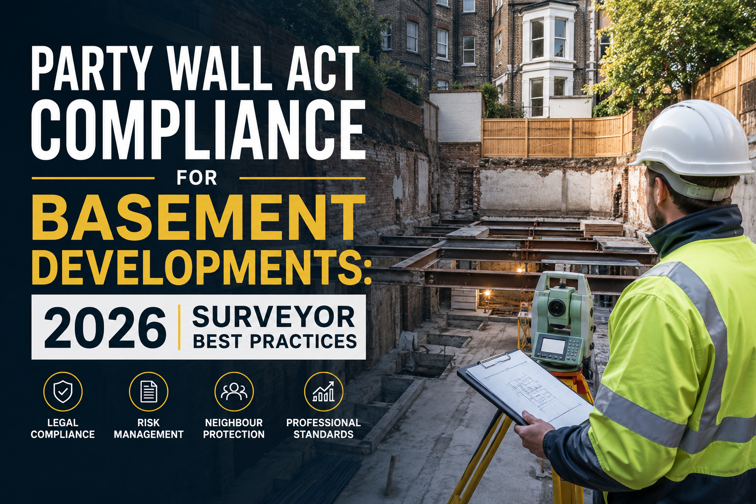 Professional landscape hero image () with : "Party Wall Act Compliance for Basement Developments: 2026 Surveyor Best