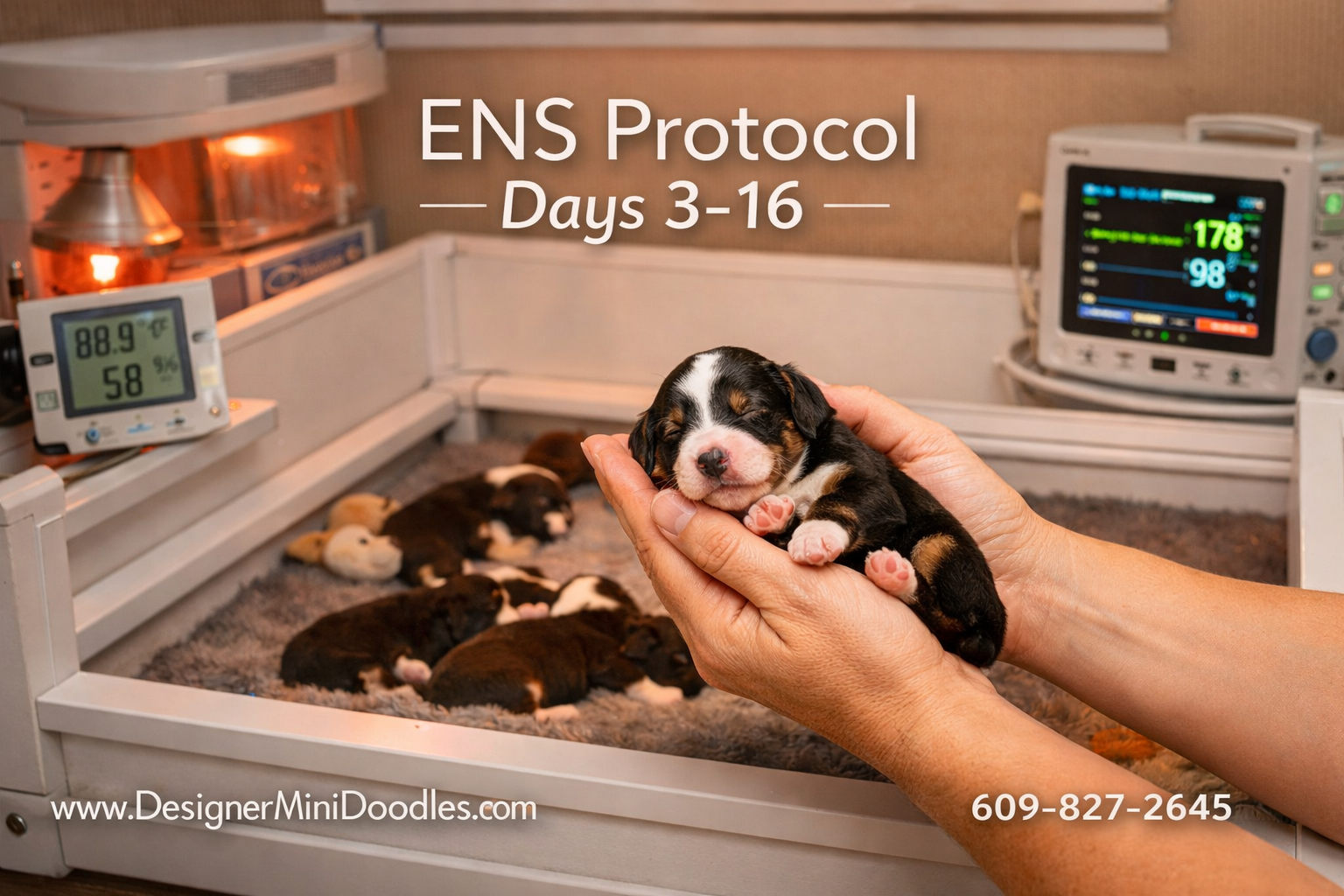 () warm photograph of a professional whelping room setup with newborn bernedoodle puppies in a clean heated whelping box,