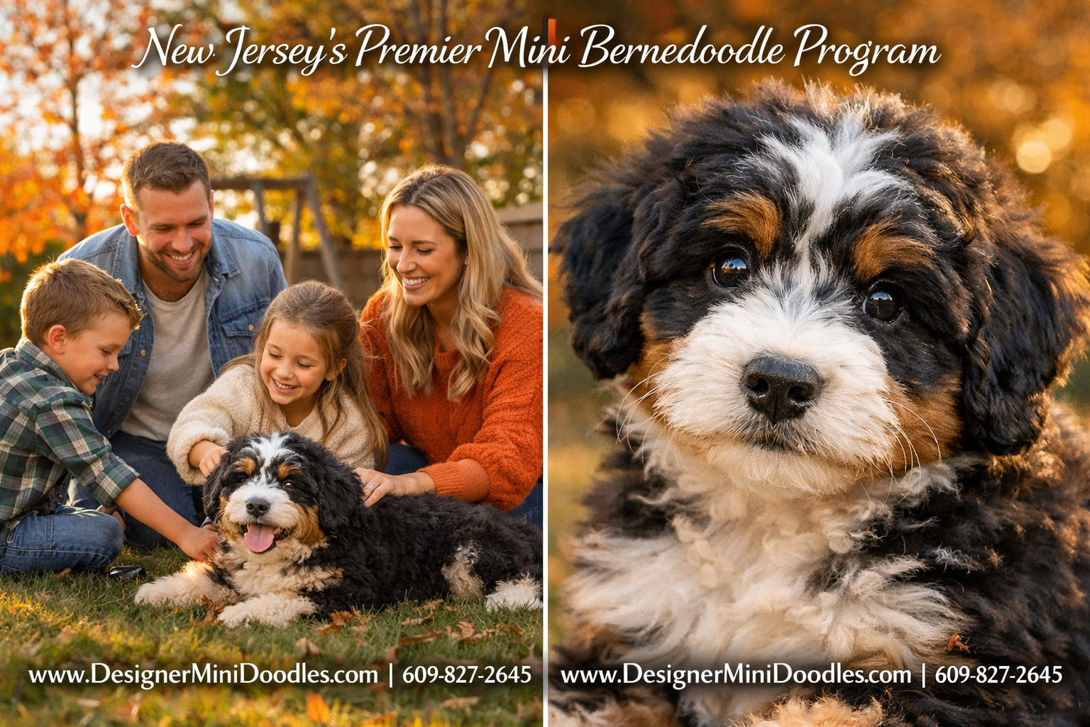 () split image showing left side: a happy family with children playing with a fluffy miniature bernedoodle in a New Jersey