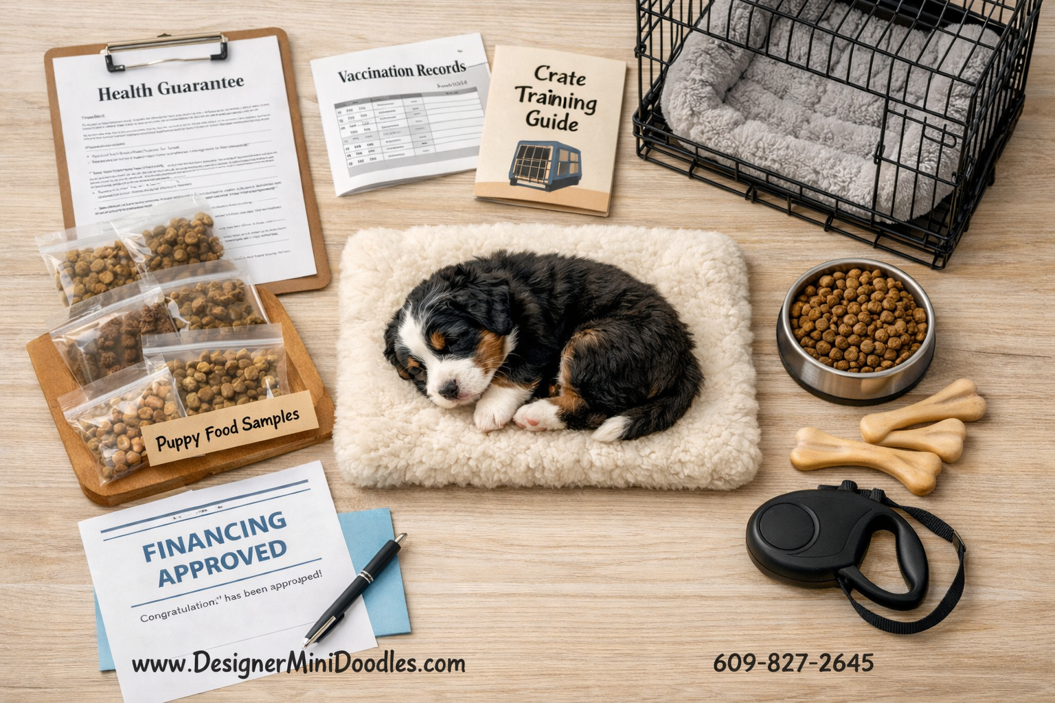 () overhead flat-lay style photograph showing puppy preparation items: health guarantee contract document, vaccination