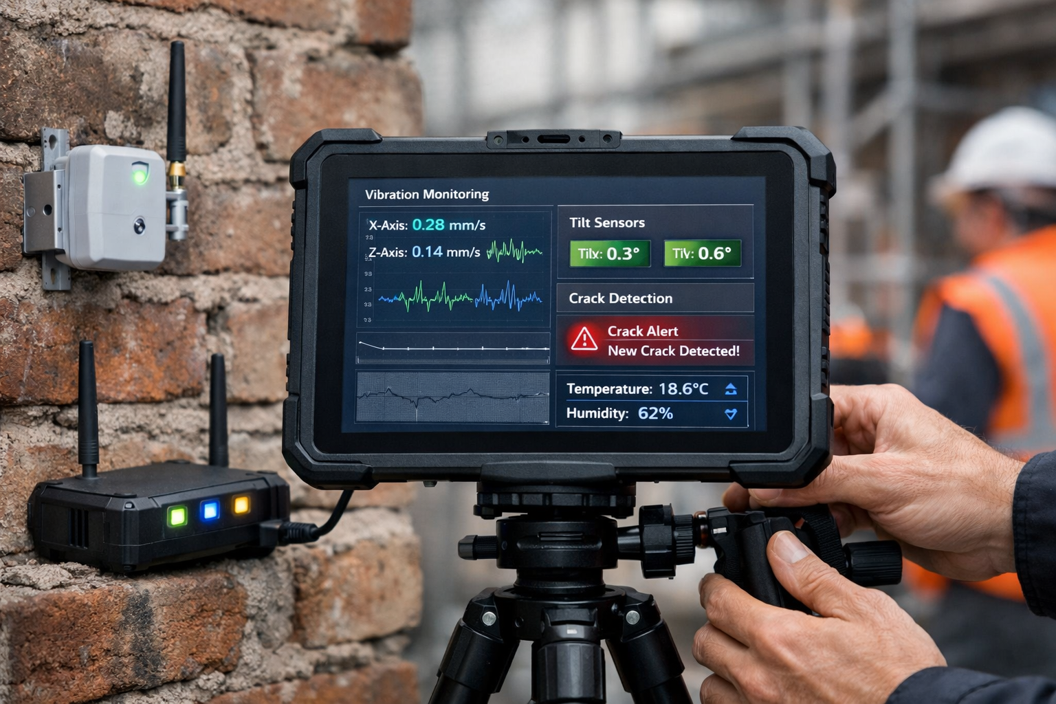 () editorial image showing close-up of modern edge computing hardware setup at party wall inspection site. Central focus on