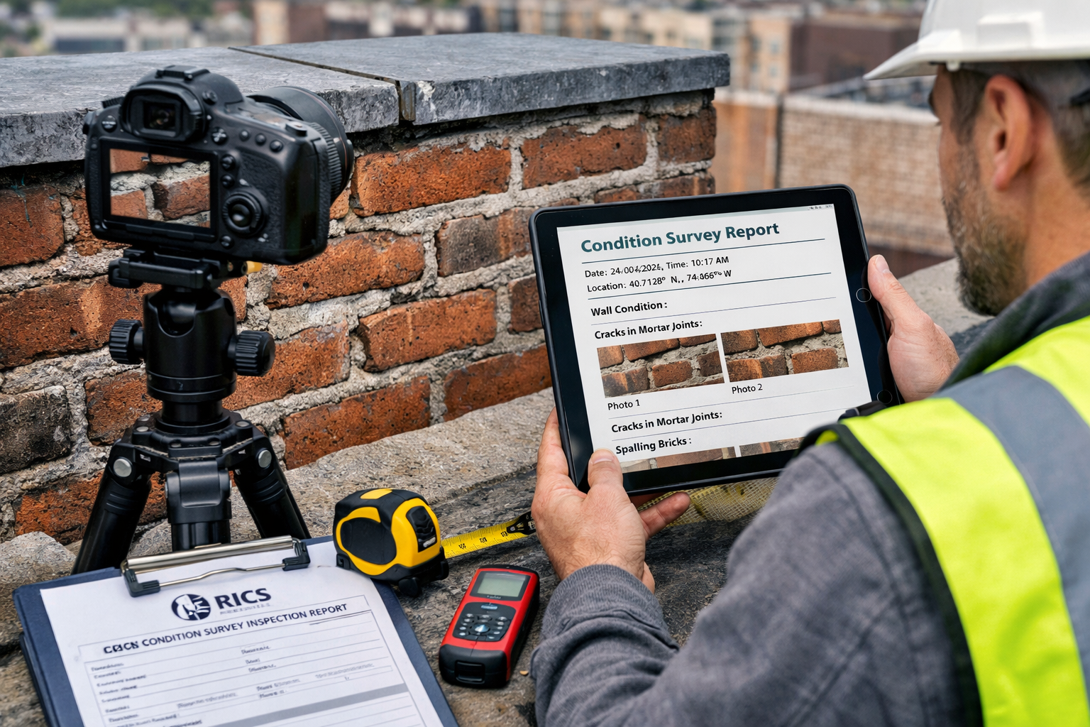 Detailed () image showing close-up of professional surveyor conducting pre-installation documentation at rooftop party wall,