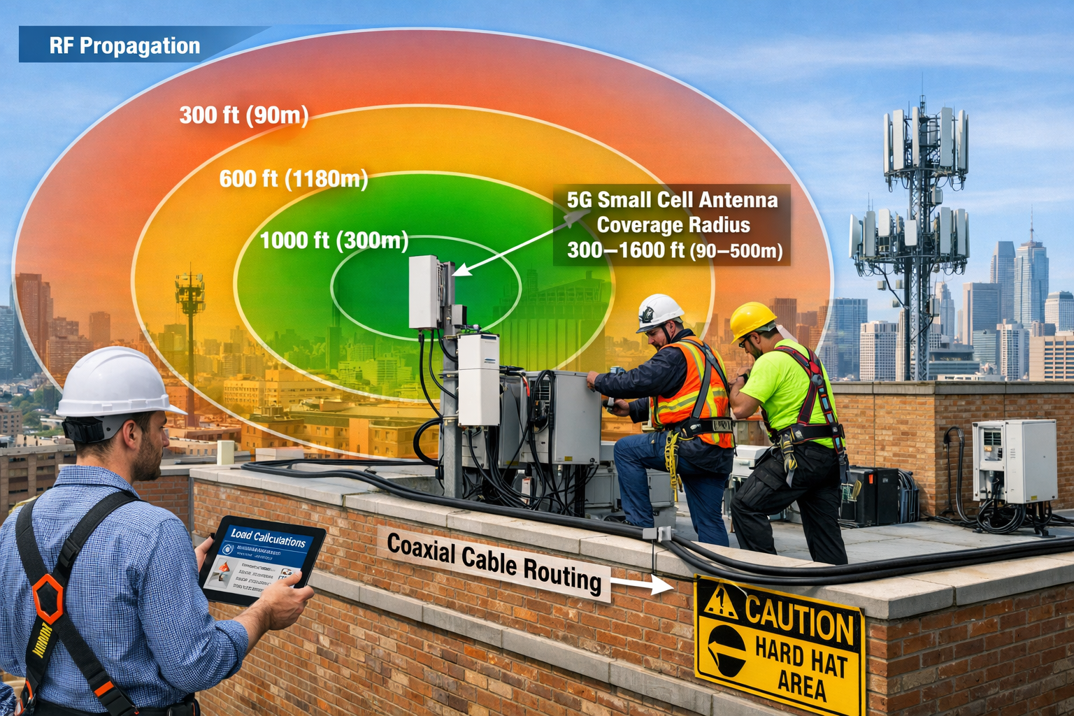 Wide-angle () image depicting 5G small cell antenna installation process near party wall boundary, technical diagram showing