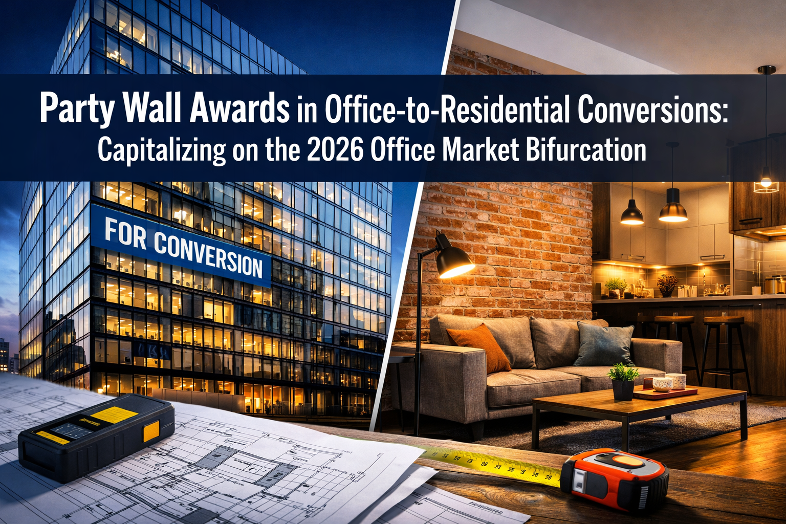 Professional landscape format (1536x1024) hero image featuring bold text overlay 'Party Wall Awards in Office-to-Residential Conversions: Ca