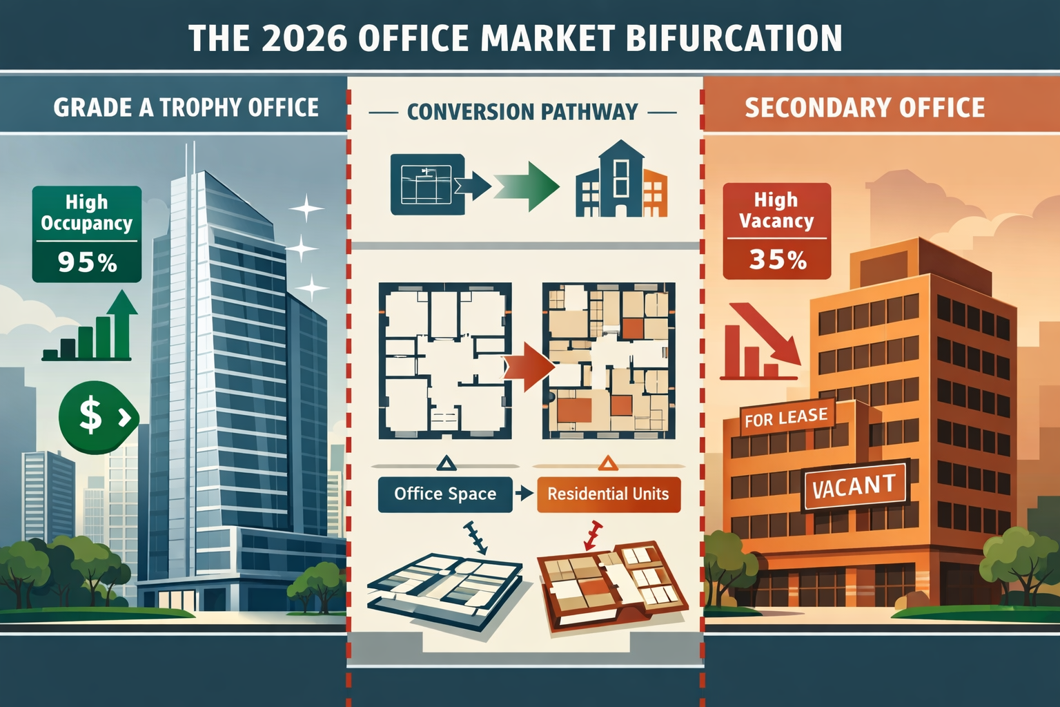 Detailed landscape format (1536x1024) illustration showing the 2026 office market bifurcation concept with modern infographic style. Split c