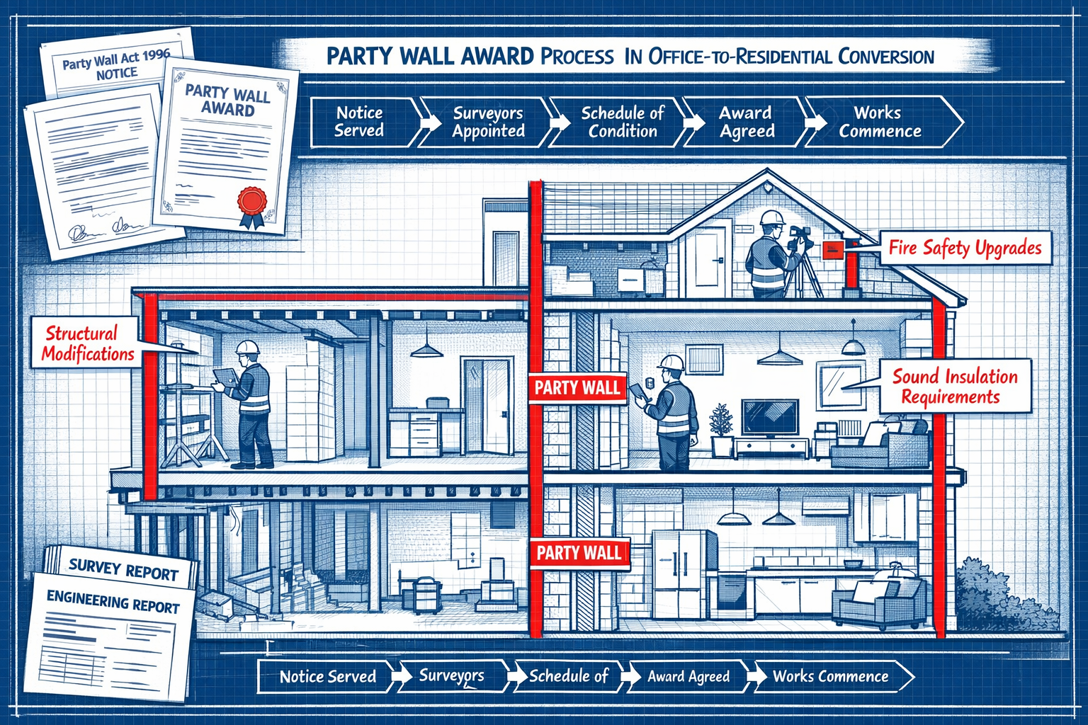 Detailed landscape format (1536x1024) technical illustration demonstrating party wall award process in office-to-residential conversion cont