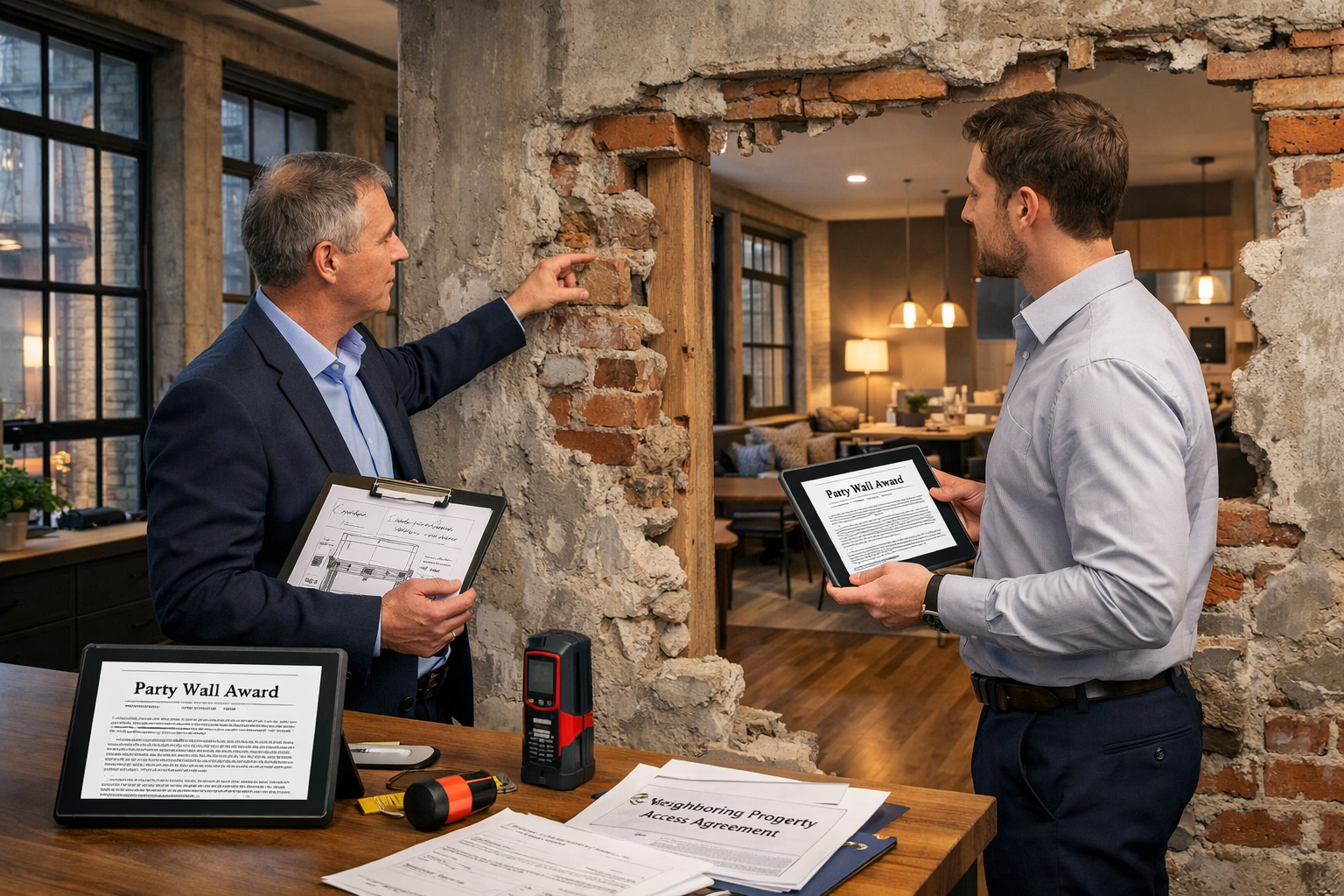 Detailed landscape format (1536x1024) professional scene showing collaborative party wall surveying process in converted residential buildin