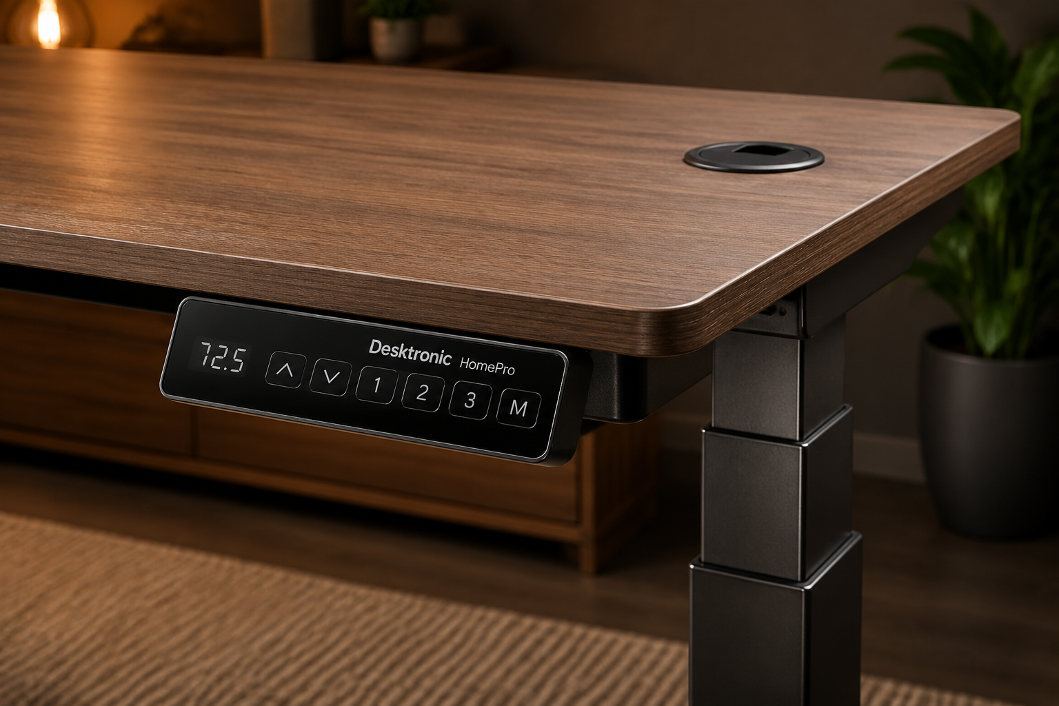 Close-up product showcase of Desktronic HomePro Standing Desk showing its three-stage column frame, touchscreen controller panel, and cable grommet on a large laminate desktop surface, product name 'Desktronic HomePro' visible on controller, warm studio lighting, sharp detail Desktronic HomePro Standing Desk