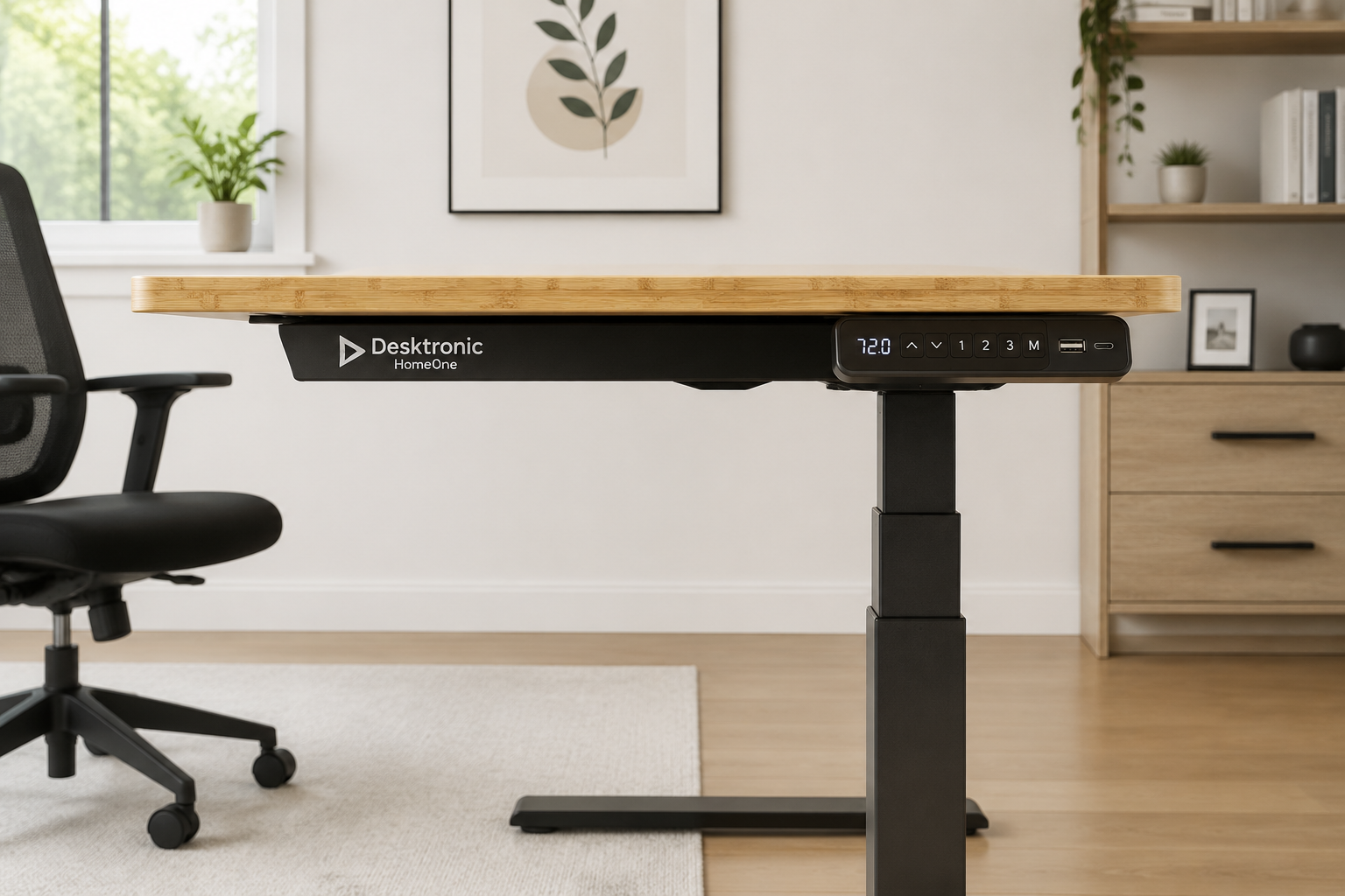 Side profile of Desktronic HomeOne Standing Desk at sitting height, showing touchscreen controller with USB-A and USB-C ports, two-stage leg columns, and clean bamboo desktop surface, 'Desktronic HomeOne' branding visible, bright minimalist home office background Desktronic HomeOne Standing Desk