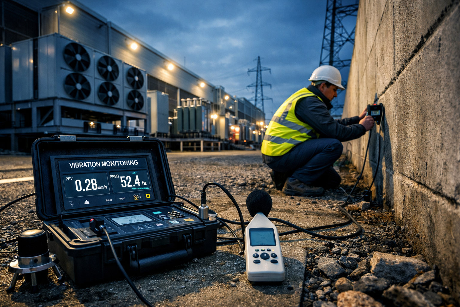 Wide-angle ground-level photograph of a party wall surveyor in hi-vis vest and hard hat using a vibration monitoring device