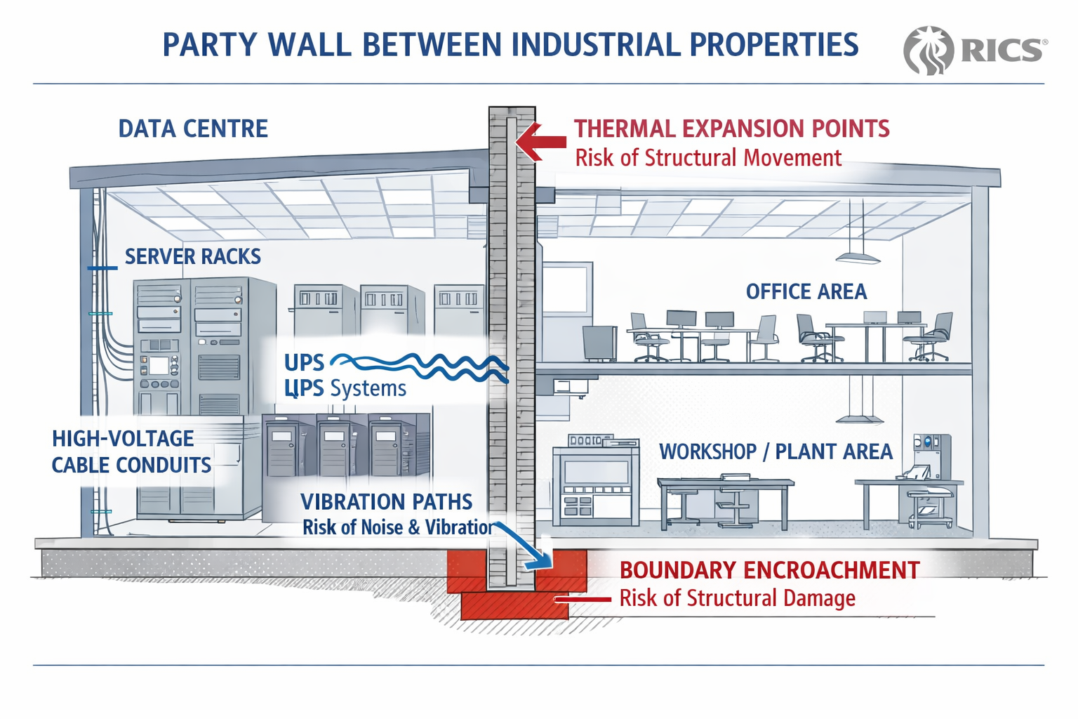 Detailed infographic-style illustration showing a cross-section diagram of a party wall between two industrial buildings,