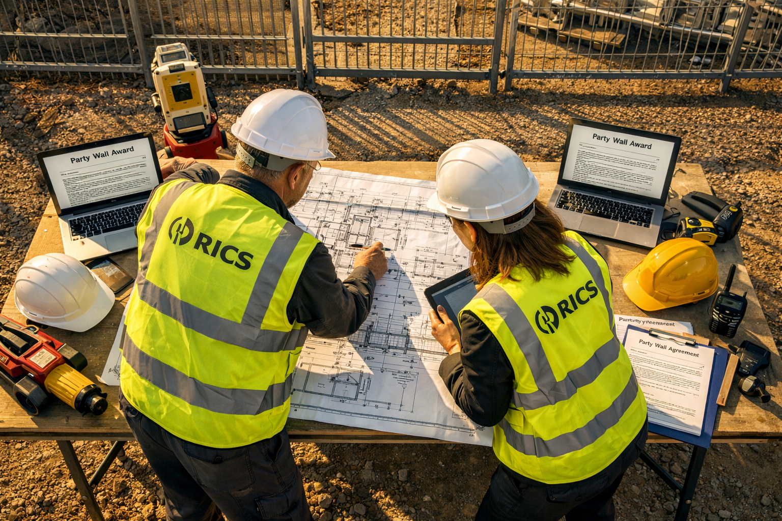 Overhead bird's-eye view of a RICS-accredited surveyor team reviewing large-format technical drawings spread on a site table