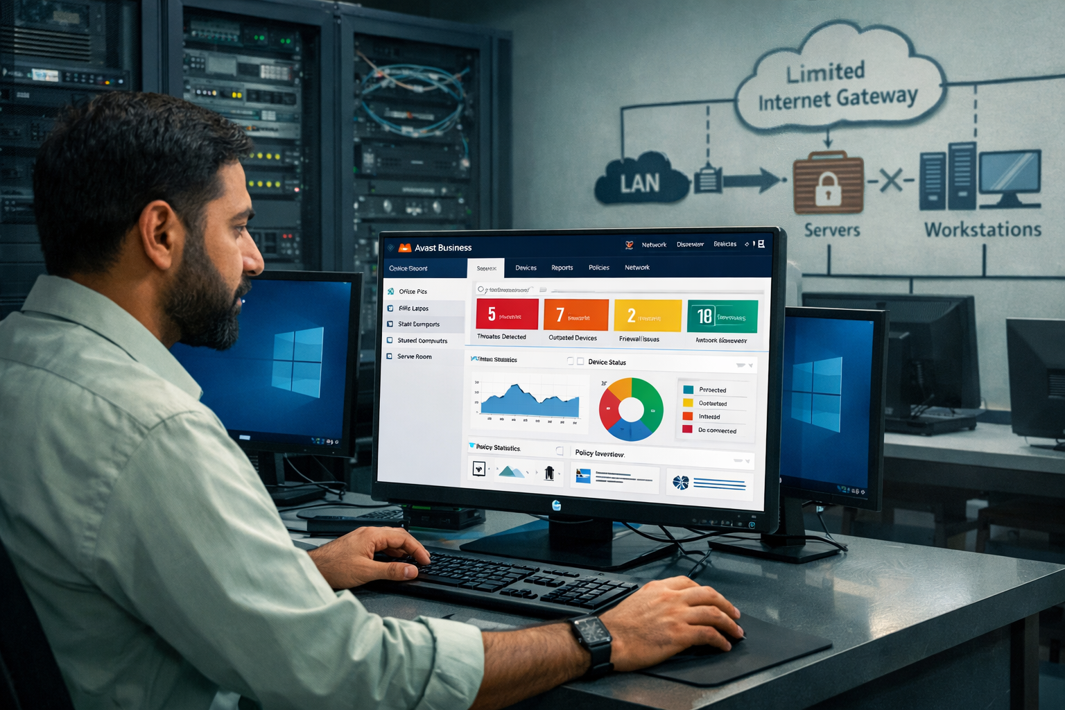 IT administrator monitoring an on-premise antivirus console in a restricted business network