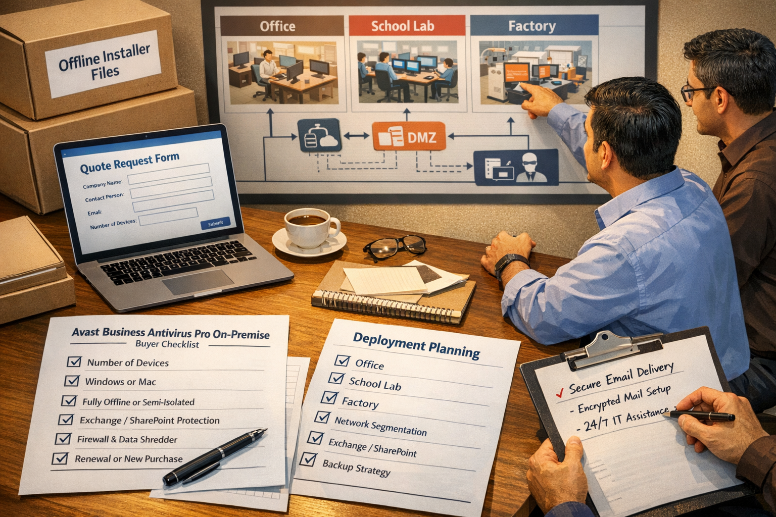 Buyer checklist and deployment planning for on-premise business antivirus in a restricted office network