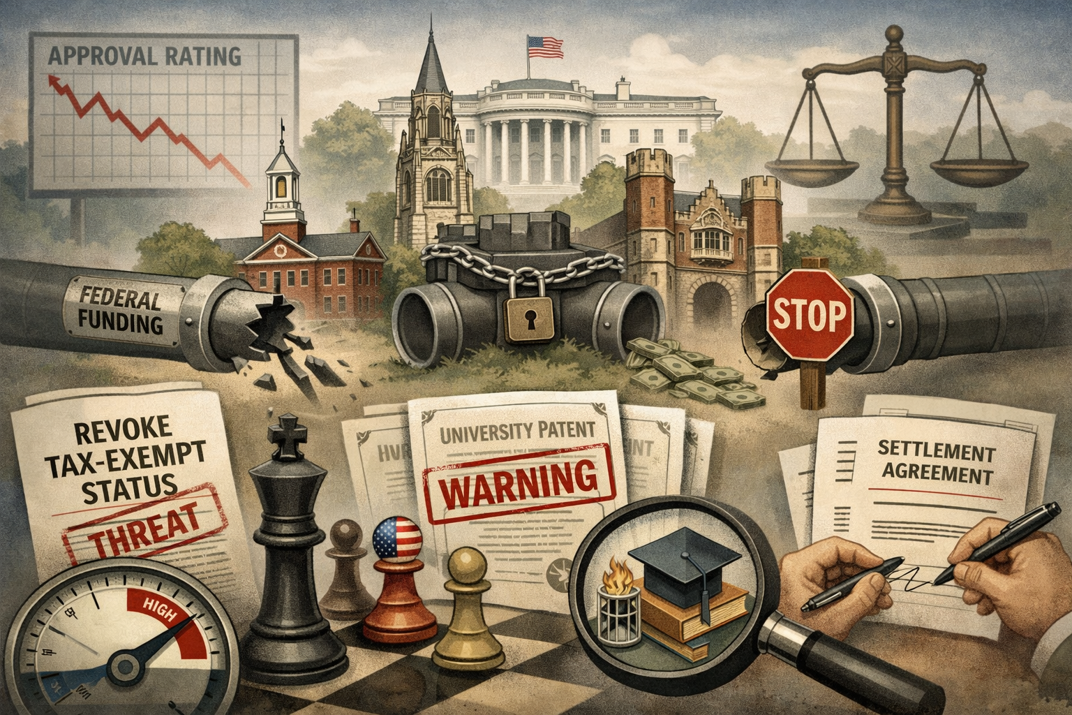 Landscape format (1536x1024) conceptual illustration depicting broader White House campaign against higher education institutions. Central f
