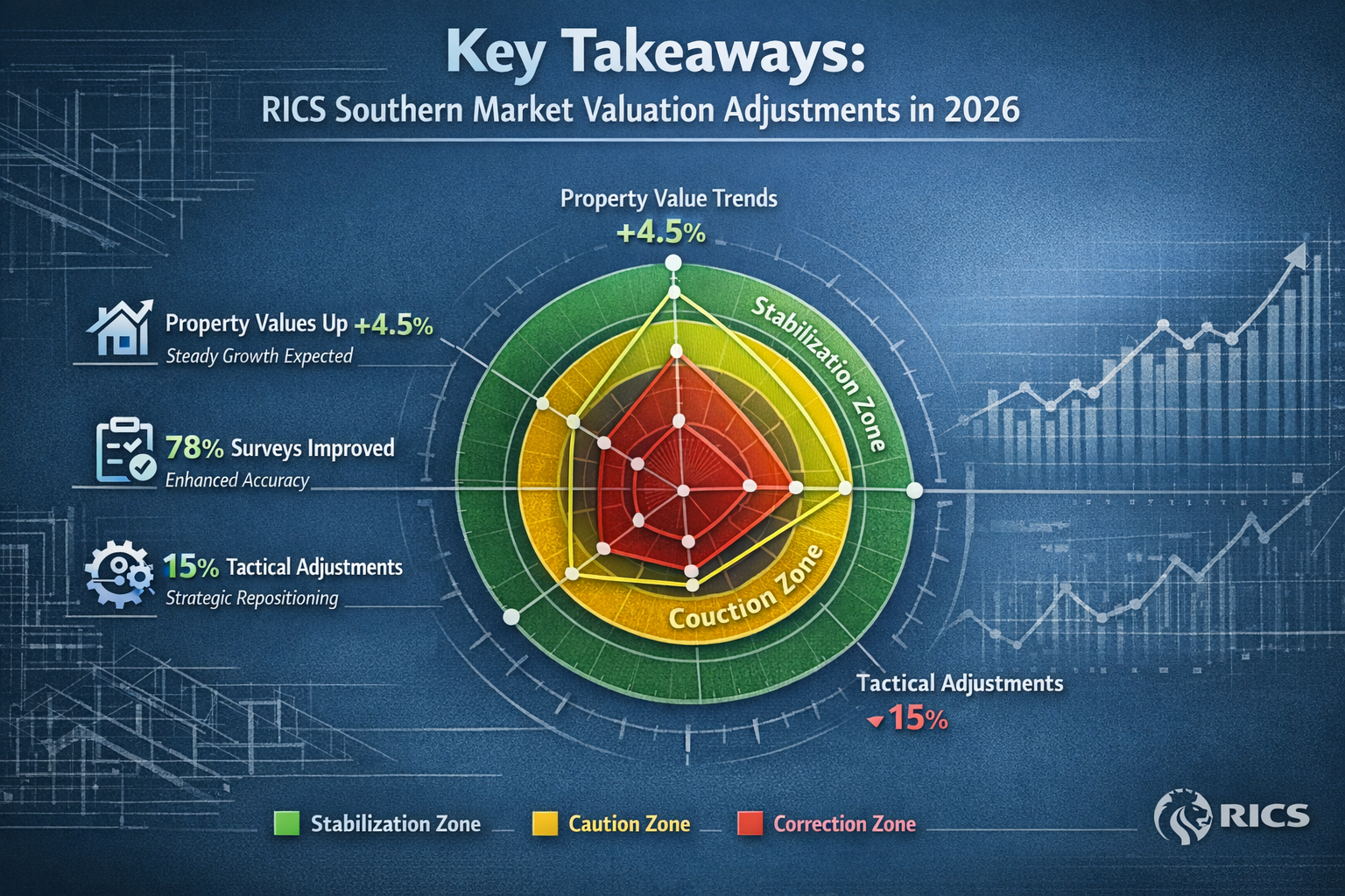 Editorial-style infographic visualizing 'Key Takeaways' for RICS Southern Market Valuation Adjustments in 2026. Central