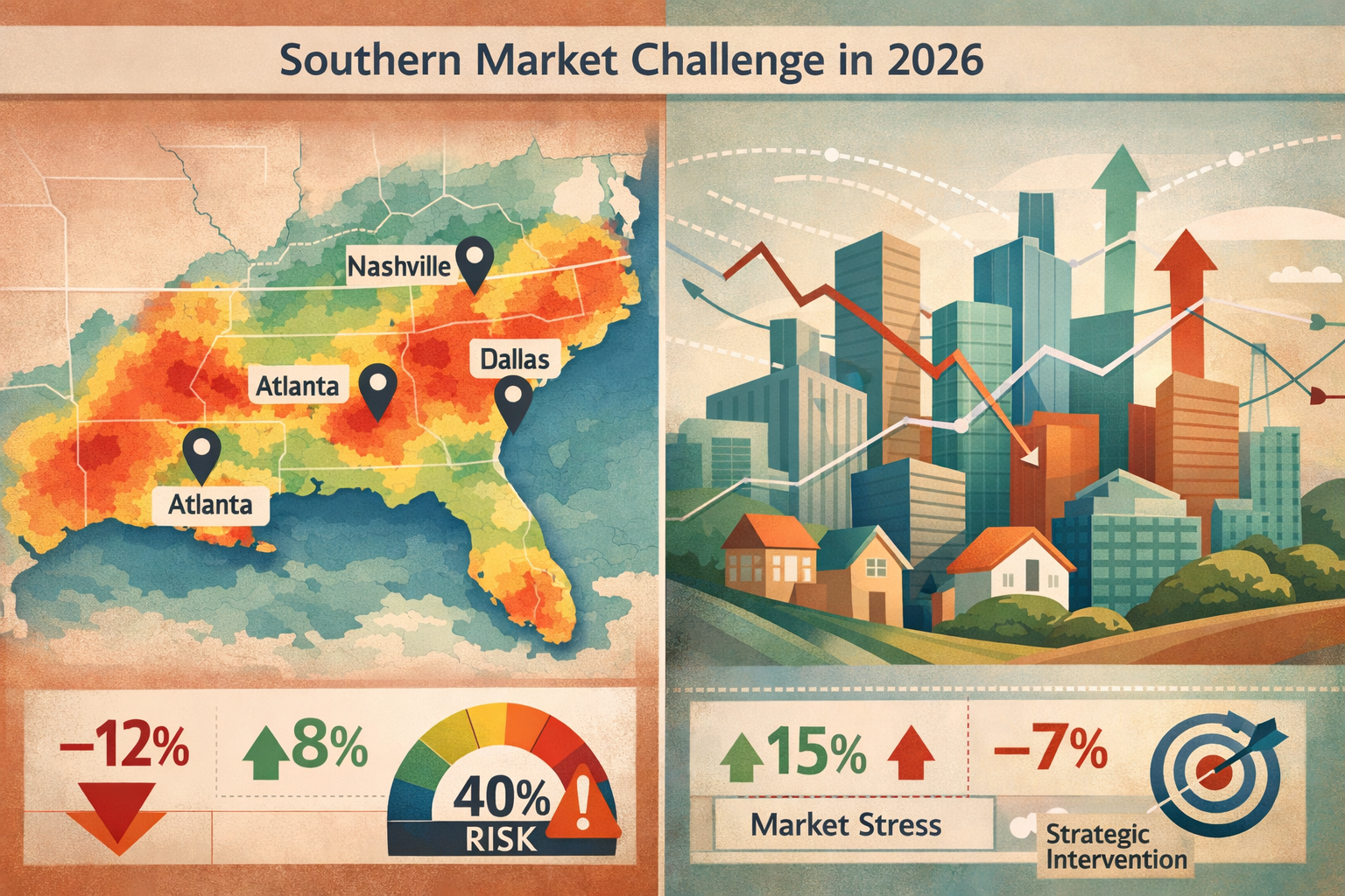 Conceptual landscape illustration depicting the 'Southern Market Challenge in 2026' with a split-screen composition. Left