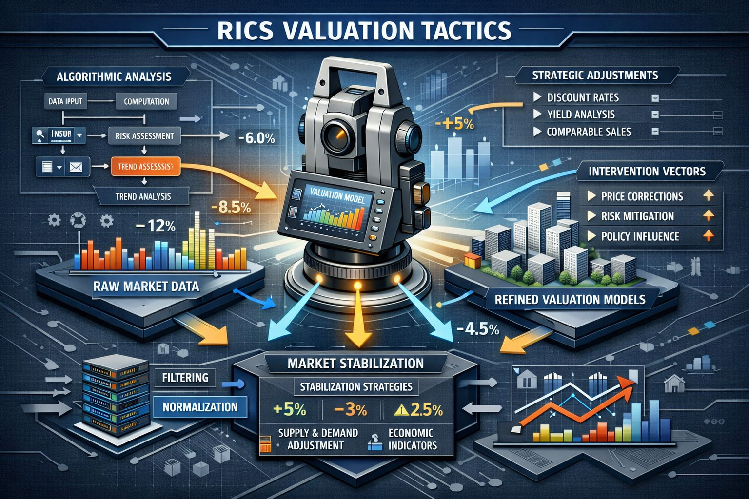 Detailed technical visualization of 'RICS Valuation Tactics' featuring a multi-layered isometric diagram. Central element