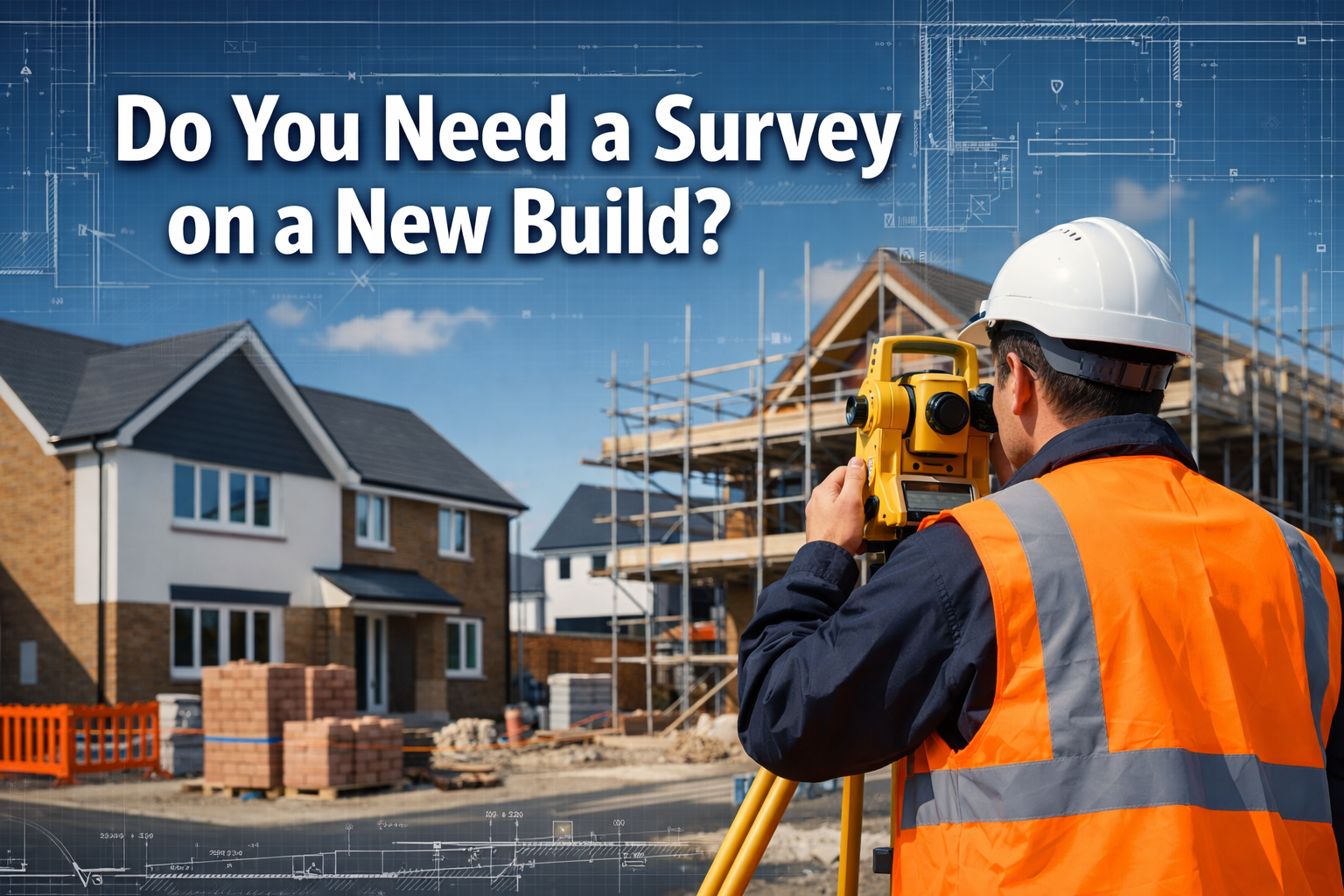 Professional landscape format (1536x1024) hero image featuring bold text overlay 'Do You Need a Survey on a New Build?' in extra large 72pt