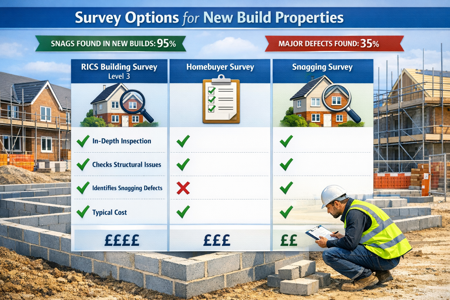 Landscape format (1536x1024) editorial image showing detailed comparison chart of different survey types for new build properties. Visual in