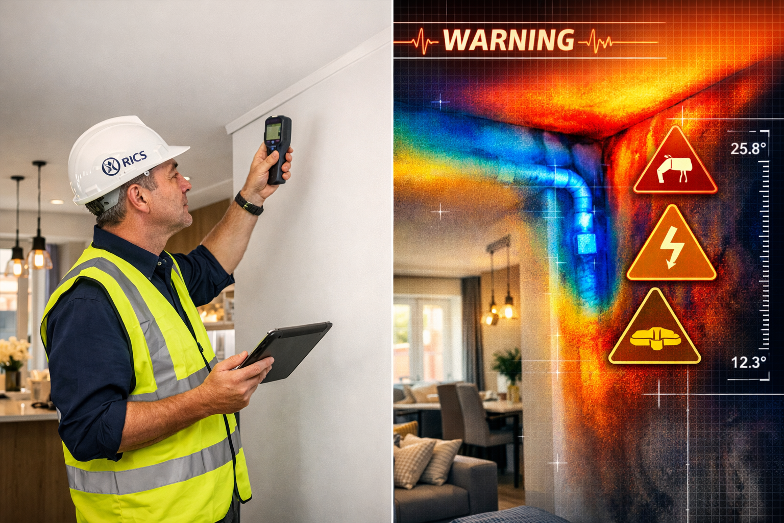 Landscape format (1536x1024) professional photograph showing RICS chartered surveyor conducting inspection of new build property interior. S