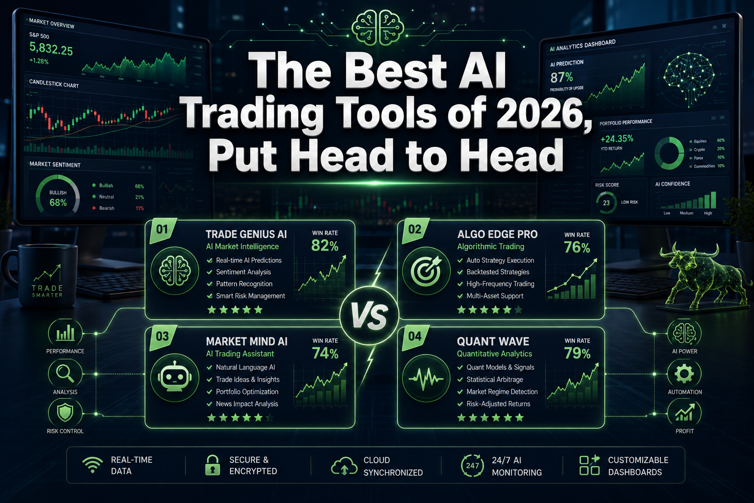 Professional () hero image with 'The Best AI Trading Tools of 2026, Put Head to Head' in extra large white with deep effect,