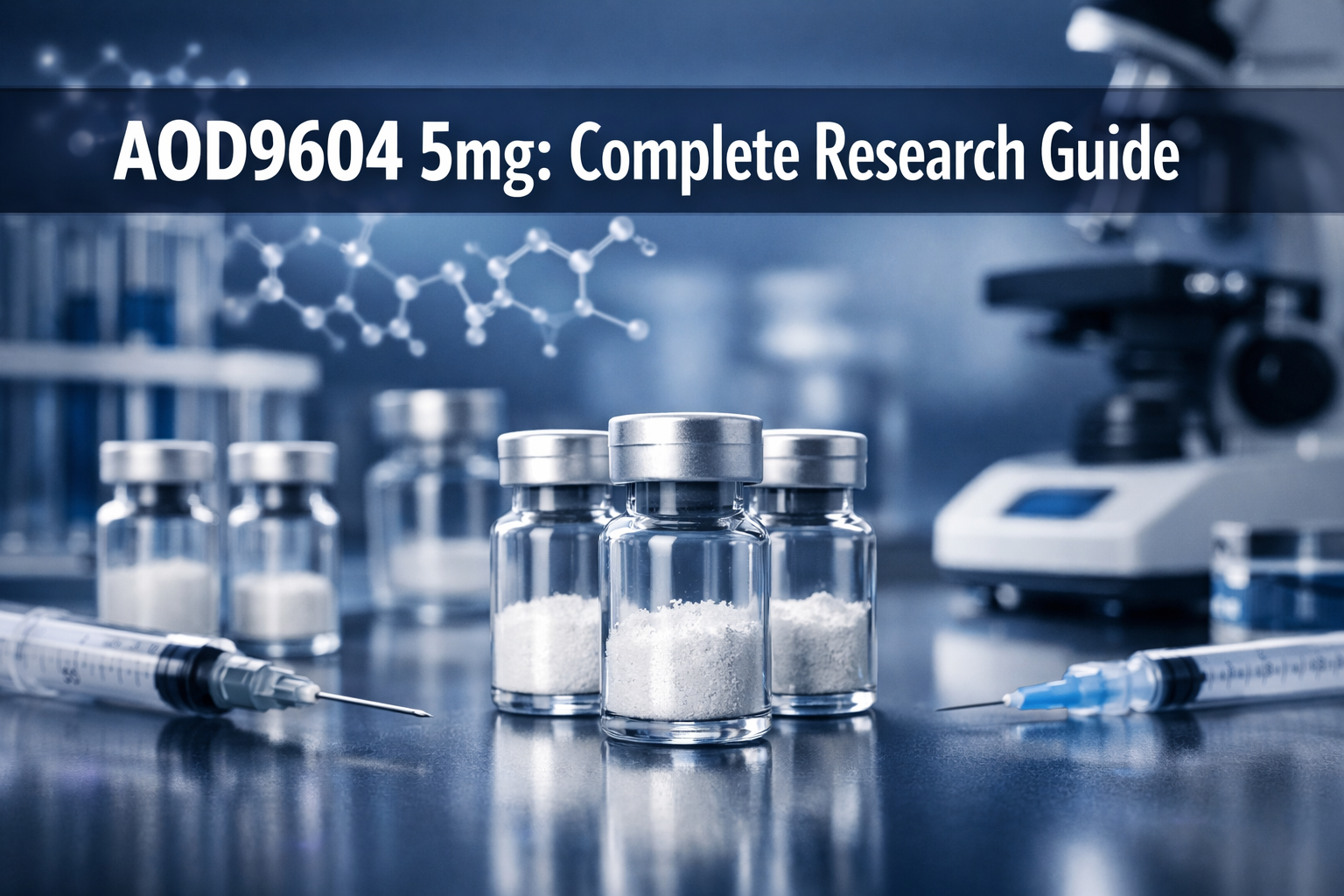 Professional landscape hero image (1536x1024) featuring bold text overlay 'AOD9604 5mg: Complete Research Guide' in extra large 72pt white s