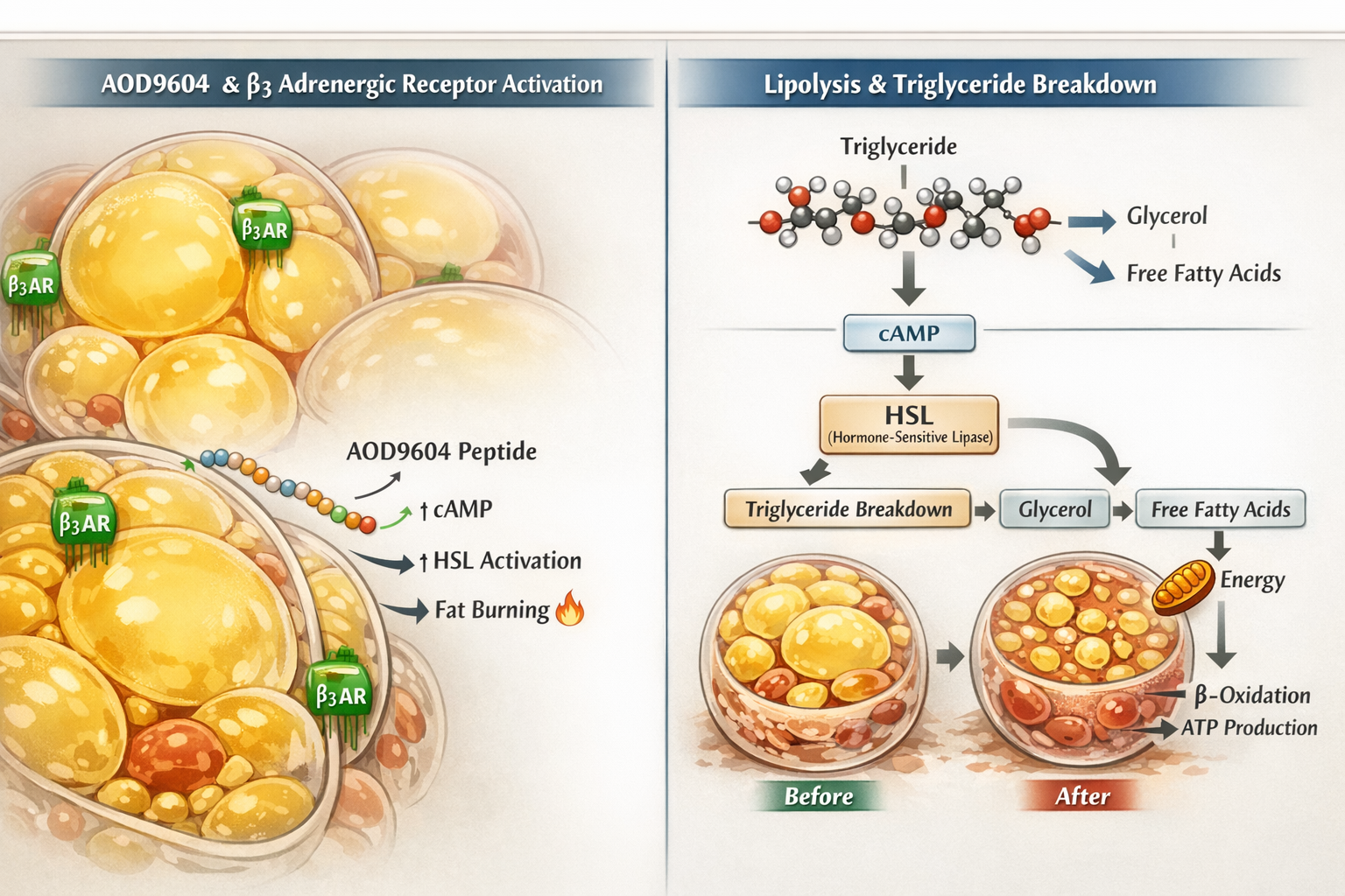 Split-screen comparison image showing fat metabolism mechanism with AOD9604 peptide interaction at cellular level, left side displaying adip