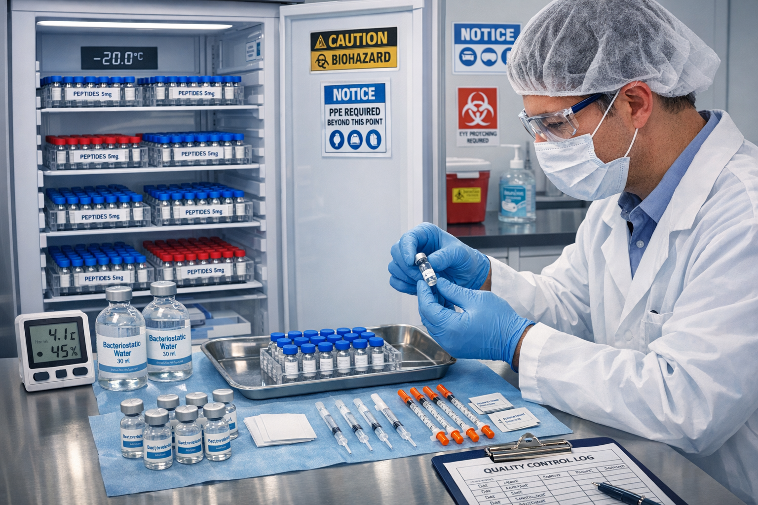 Clinical research laboratory scene showing proper peptide handling and storage, refrigerated medical storage unit with organized 5mg vials,
