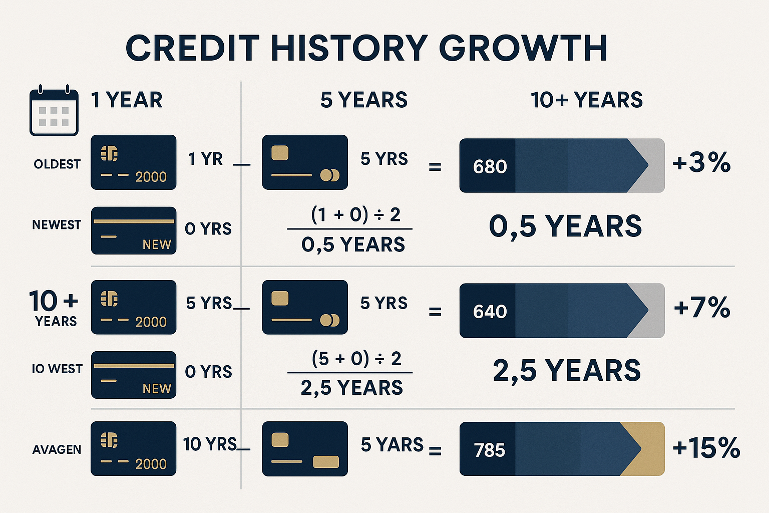 Detailed infographic showing three parallel timelines illustrating credit history growth over 1 year, 5 years, and 10+ years. Each timeline
