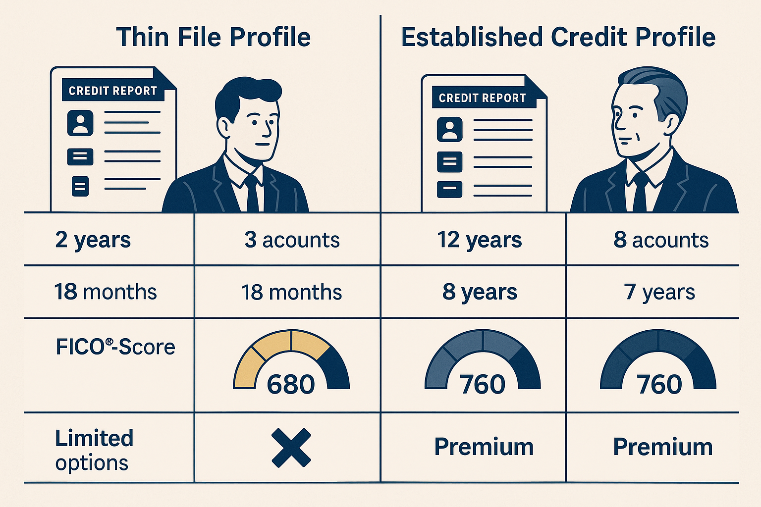 Side-by-side comparison table visualization showing 'Thin File Profile' versus 'Established Credit Profile' with visual contrast. Left side: