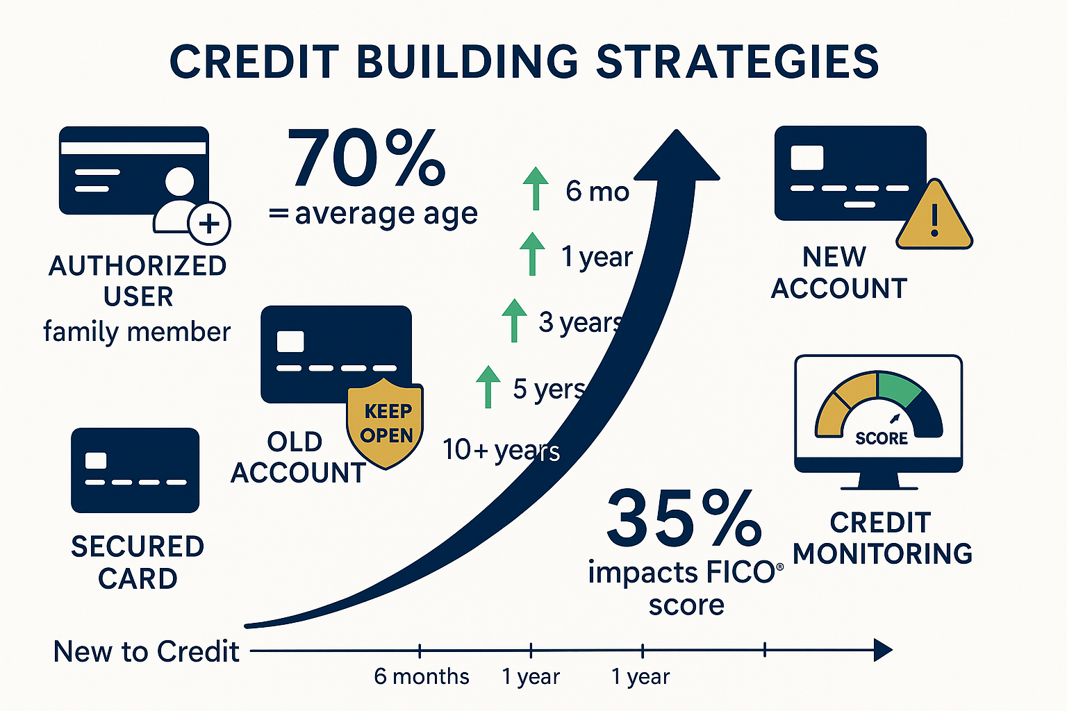Action-oriented visual guide showing step-by-step credit building strategies. Center: upward arrow timeline from 'New to Credit' to 'Strong