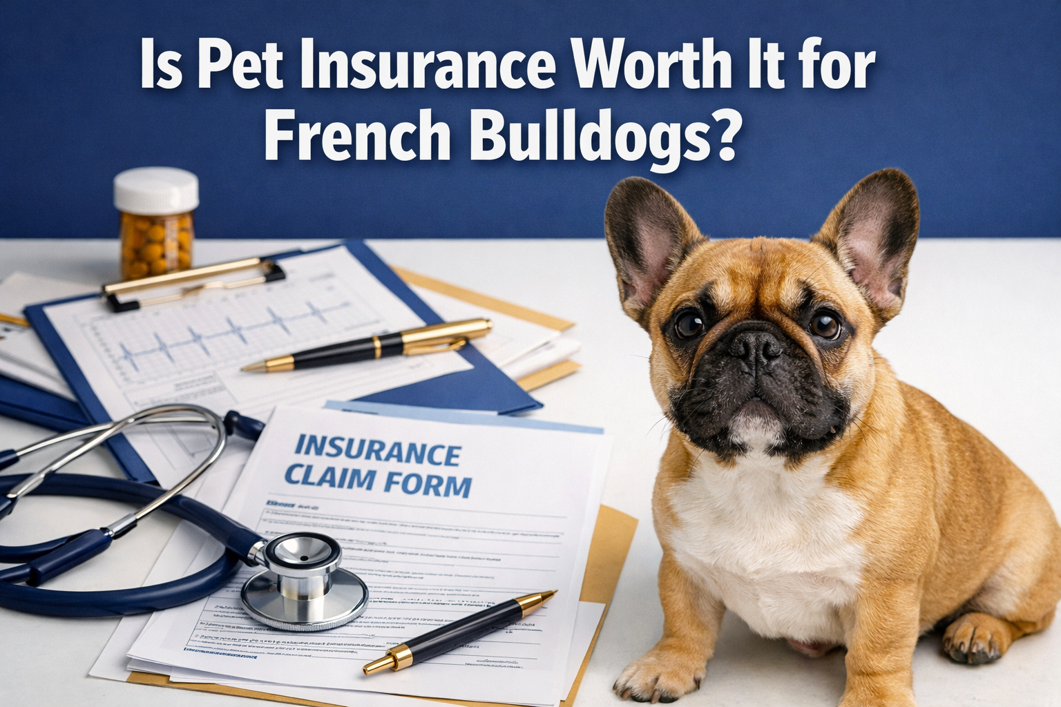 Professional landscape format (1536x1024) hero image featuring bold text overlay 'Is Pet Insurance Worth It for French Bulldogs?' in extra l