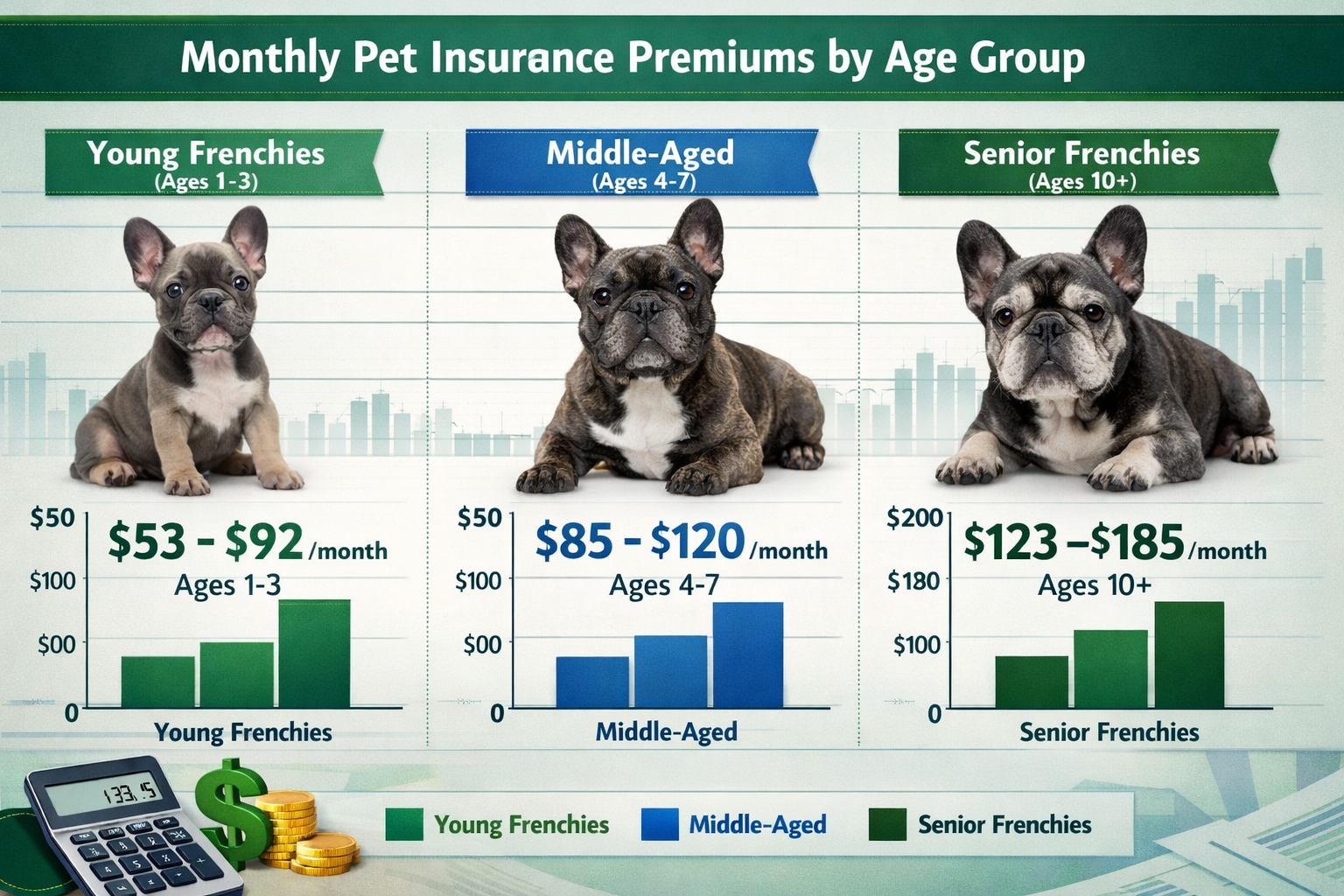 Detailed landscape format (1536x1024) cost comparison chart showing monthly pet insurance premiums by age groups: young Frenchies ($53-92/mo