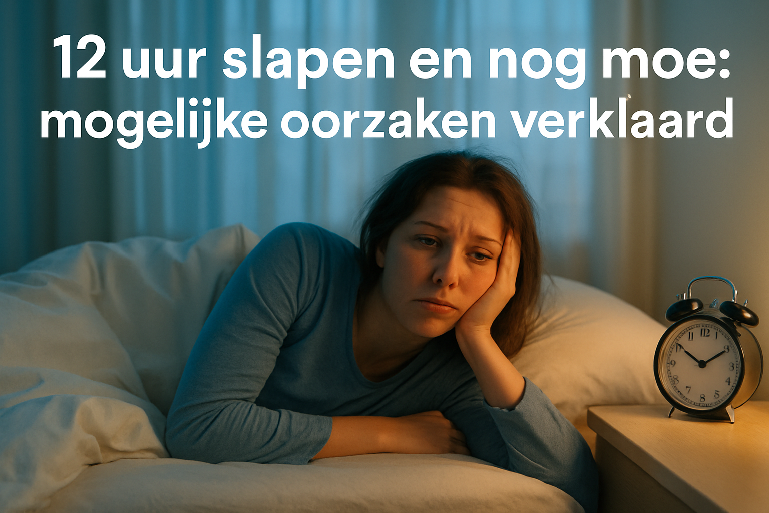 Professional landscape hero image (1536x1024) featuring bold text overlay '12 uur slapen en nog moe: mogelijke oorzaken verklaard' in extra 