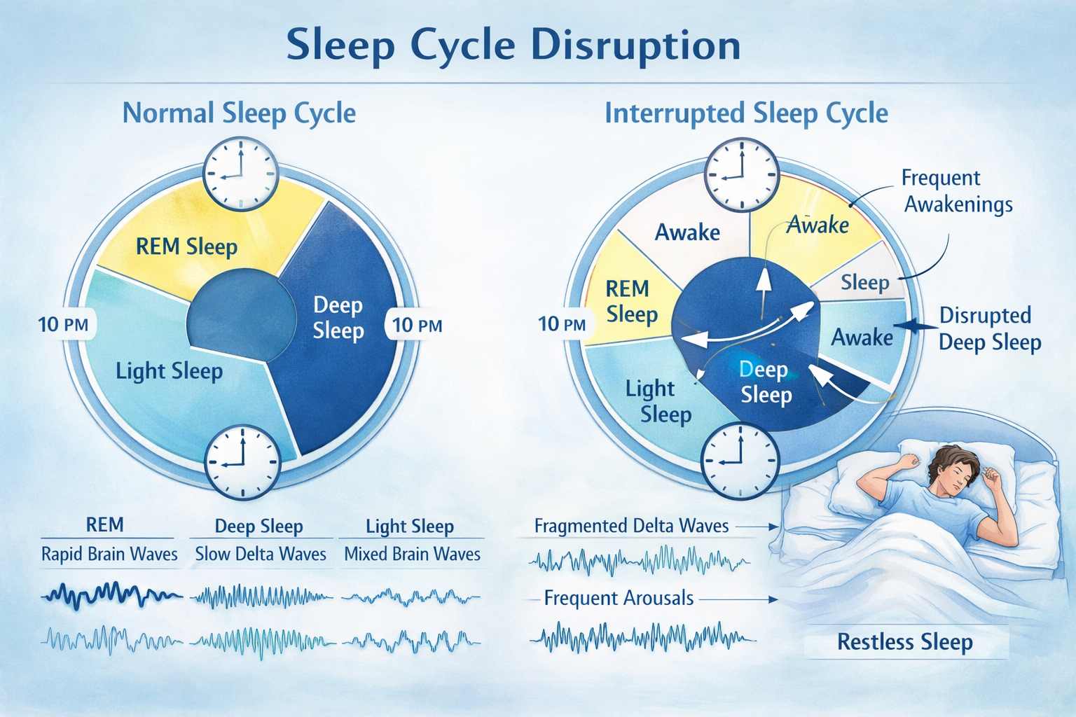 Detailed infographic showing sleep cycle disruption with circular diagram of normal vs interrupted sleep phases (light sleep, deep sleep, RE