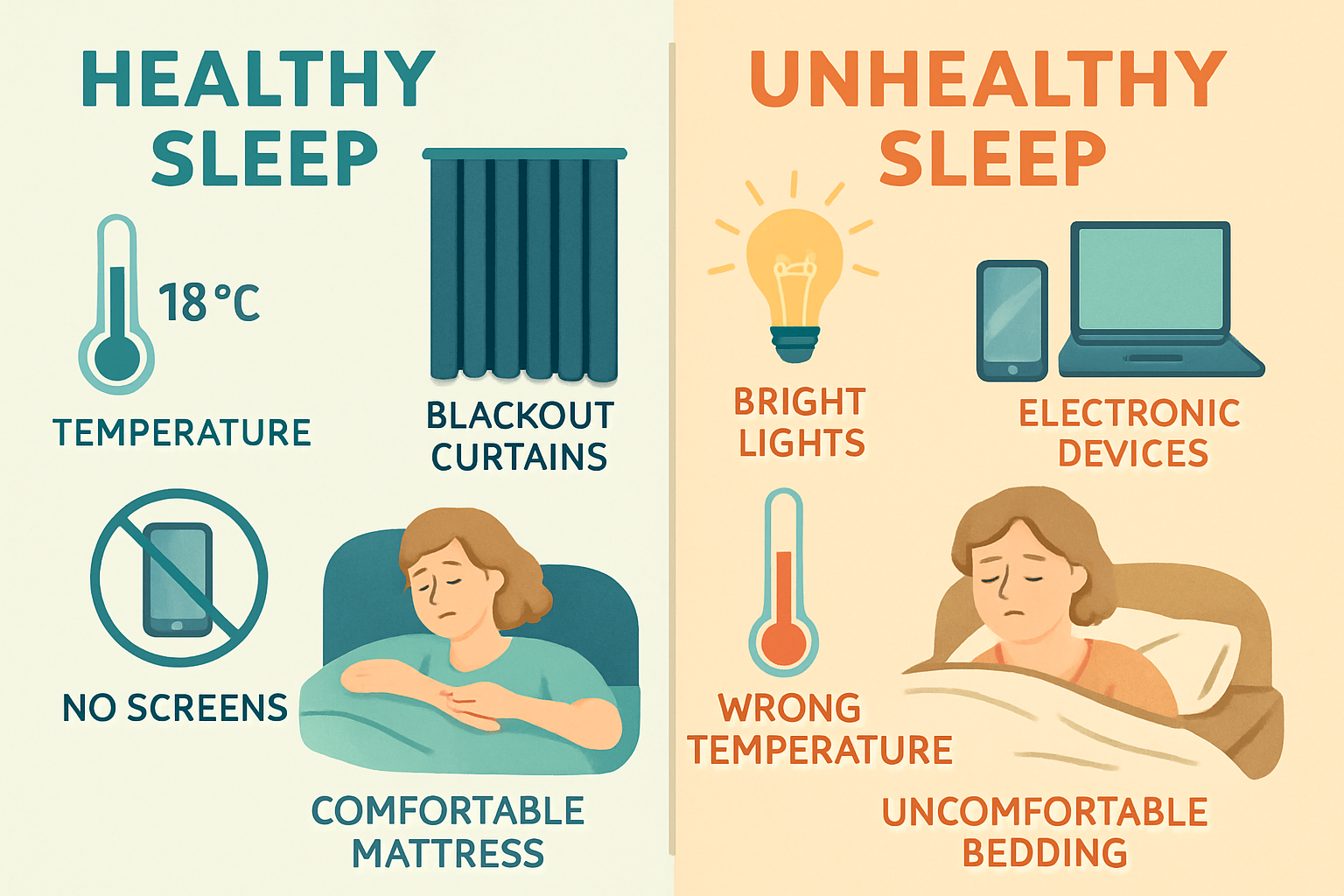 Split-screen comparison image showing healthy vs unhealthy sleep environment factors: left side shows optimal bedroom (18°C temperature gaug