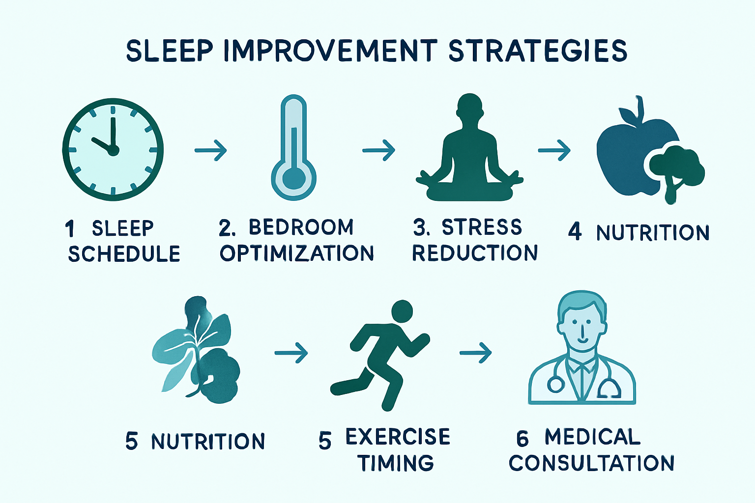 Step-by-step visual guide showing sleep improvement strategies: numbered sequence from 1-6 with icons for sleep schedule (clock), bedroom op