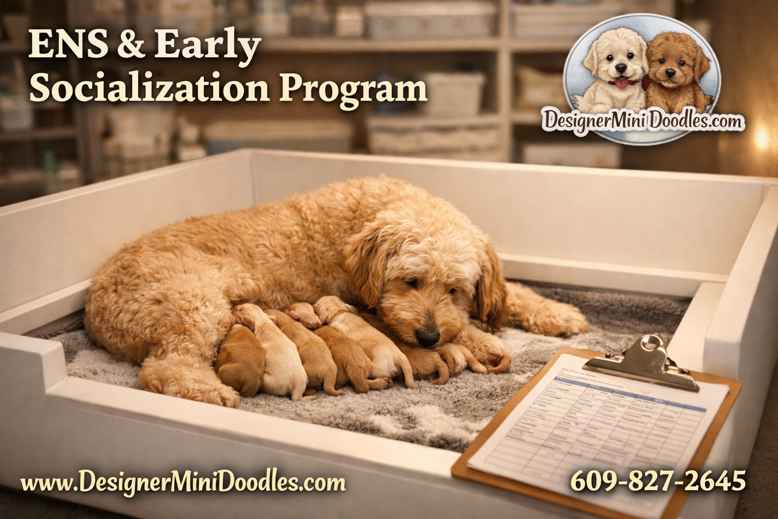 () photograph of a professional whelping suite showing a clean white whelping box with a tiny golden-colored goldendoodle