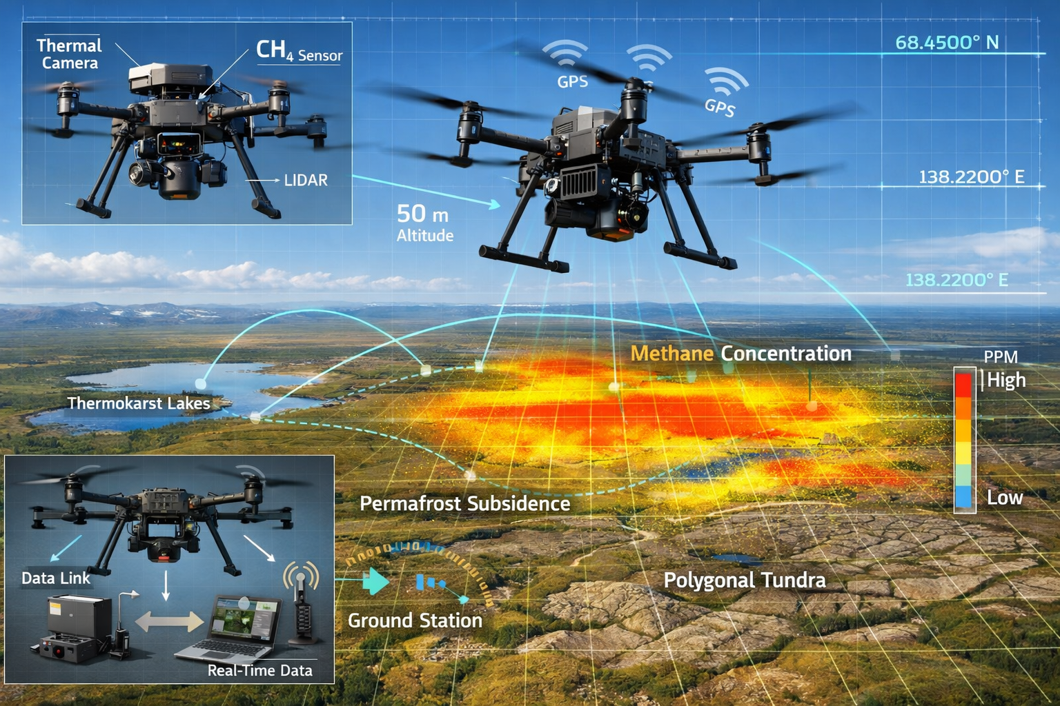 () detailed illustration showing advanced drone technology in Arctic survey operation. Main focus: professional survey drone