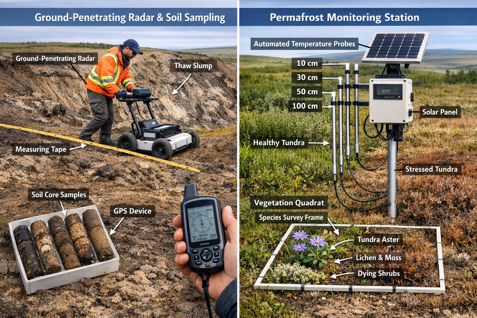 () split-screen comparison image showing ground-based permafrost monitoring protocols. Left panel: field ecologist in