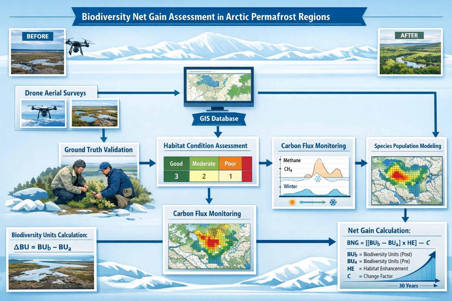 () comprehensive biodiversity net gain assessment workflow diagram for Arctic permafrost regions. Central flowchart shows