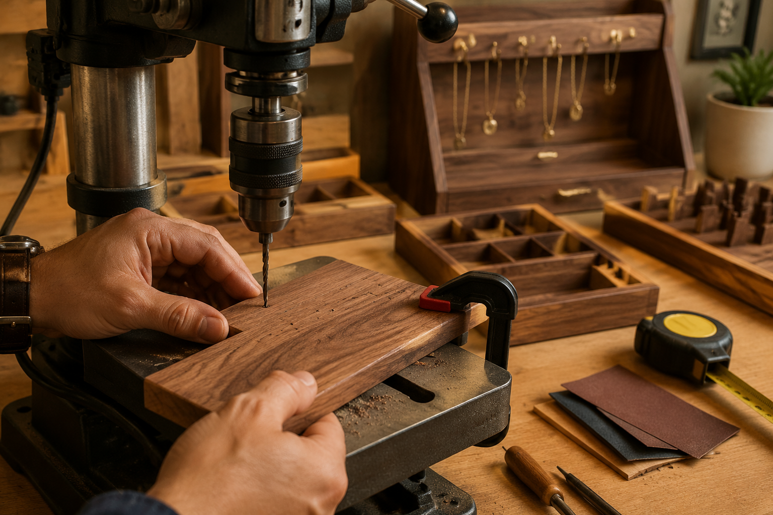 () image showcasing a close-up of a crafter's hands precisely drilling a pilot hole into a piece of finely sanded hardwood,