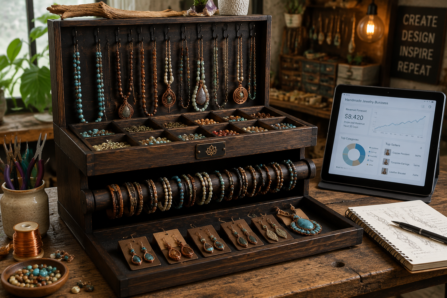 () image displaying a finished multi-tiered wooden jewelry organizer, designed for crafters, placed on a rustic workbench.