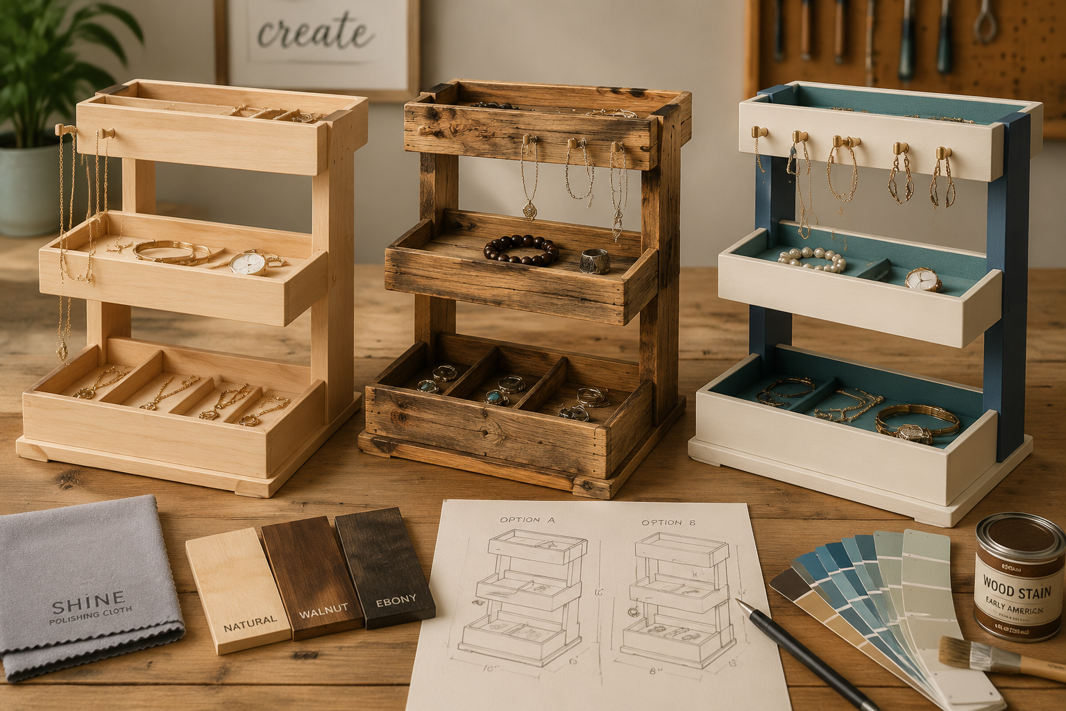 () image featuring three distinct styles of multi-tiered wooden jewelry organizers side-by-side, demonstrating versatility.